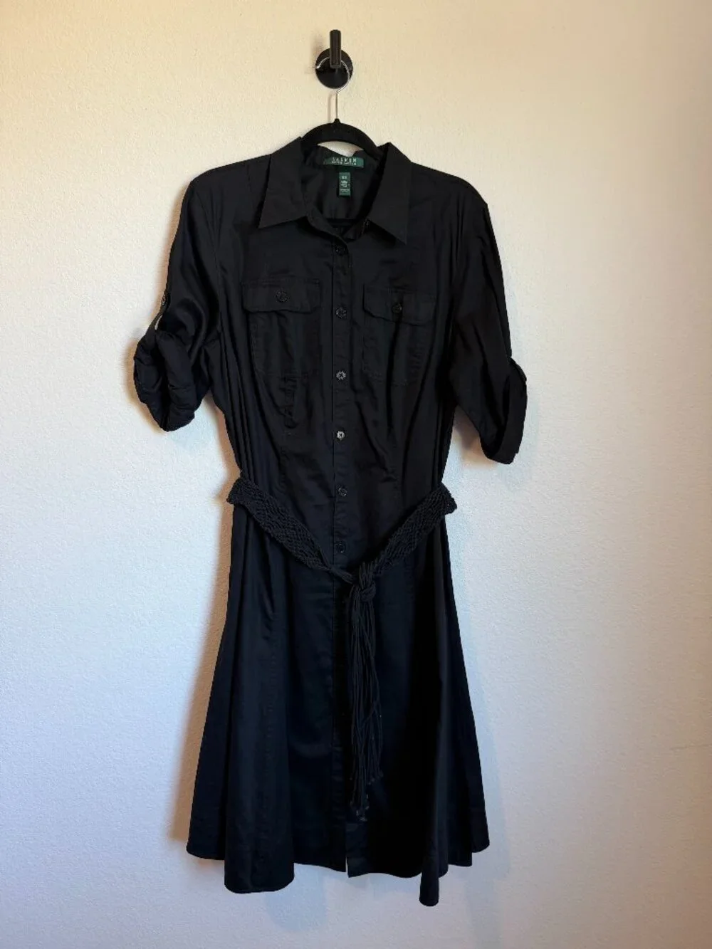 Lauren Ralph Lauren Black Cotton Shirt Dress 16W Utility Safari Midi Roll Tab Sl - Picture 2 of 7